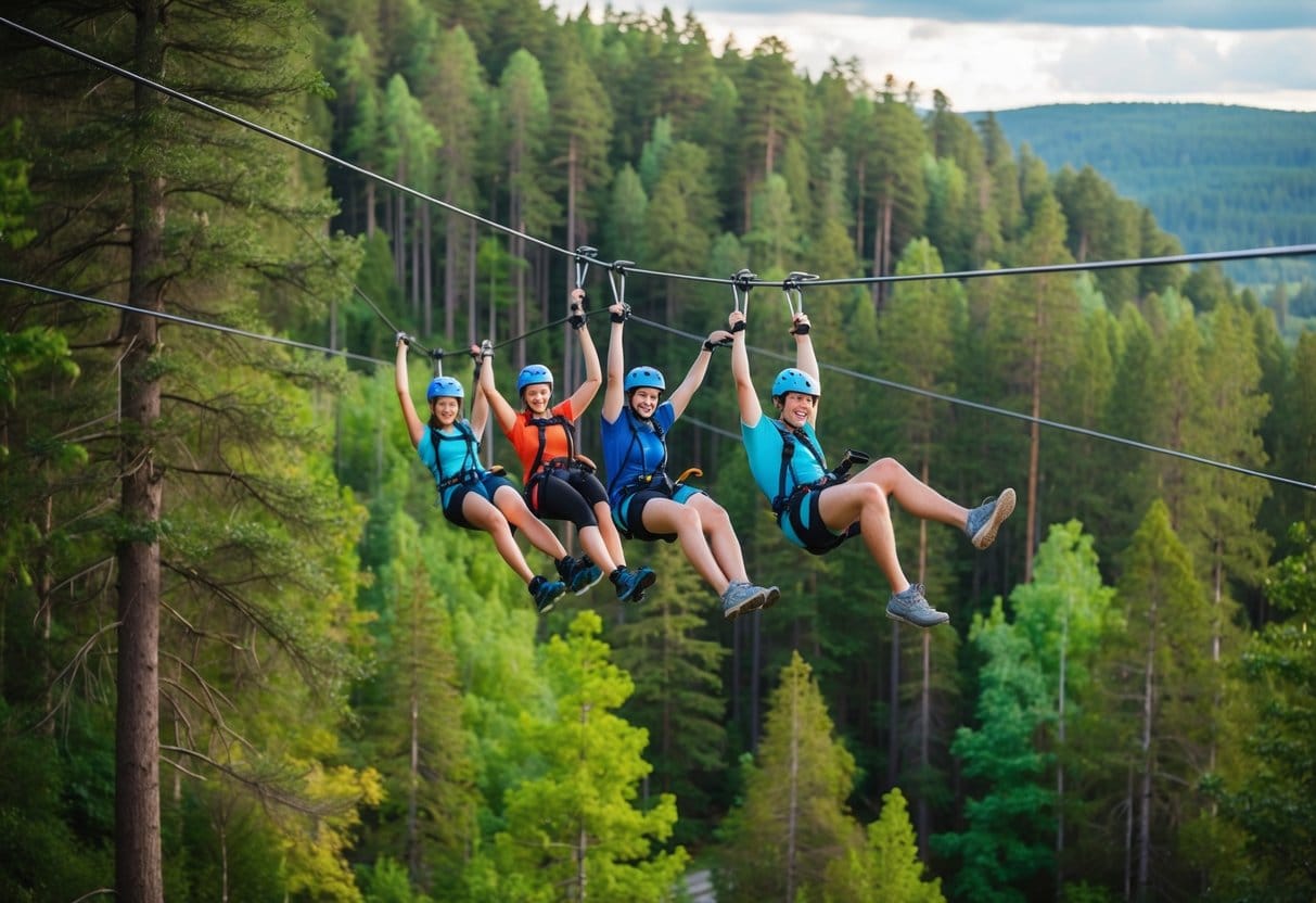 Explore wild adventures with action in Sweden A group of friends ziplining through a dense forest surrounded by towering trees and breathtaking scenery